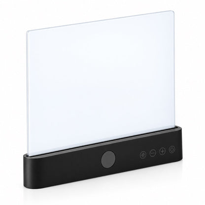 Front view of the upright lamp with a black base, round display and four touch buttons 14