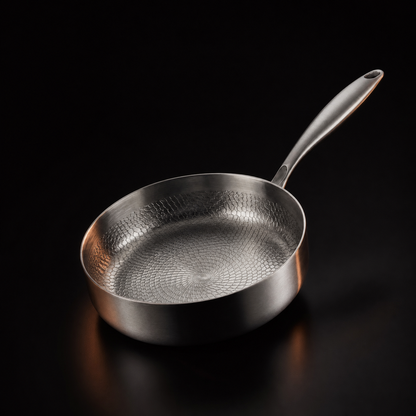 Angled view from above of the empty pan showing its textured scale-pattern cooking surface and long handle 1