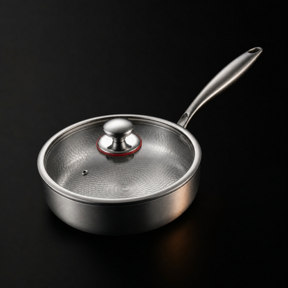 Pan with a glass lid and steel knob on, seen from above at an angle 3