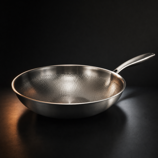 Side-on view of the empty wok on a dark surface, showing the hammered inner texture and long brushed metal handle. 1