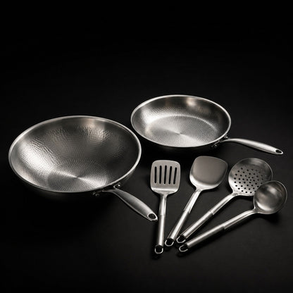 Hand-Hammered Titanium Wok & Fry Pan (10 Inch) with Utensils 1
