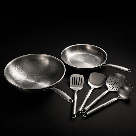 Hand-Hammered Titanium Wok & Fry Pan (10 Inch) with Utensils 1