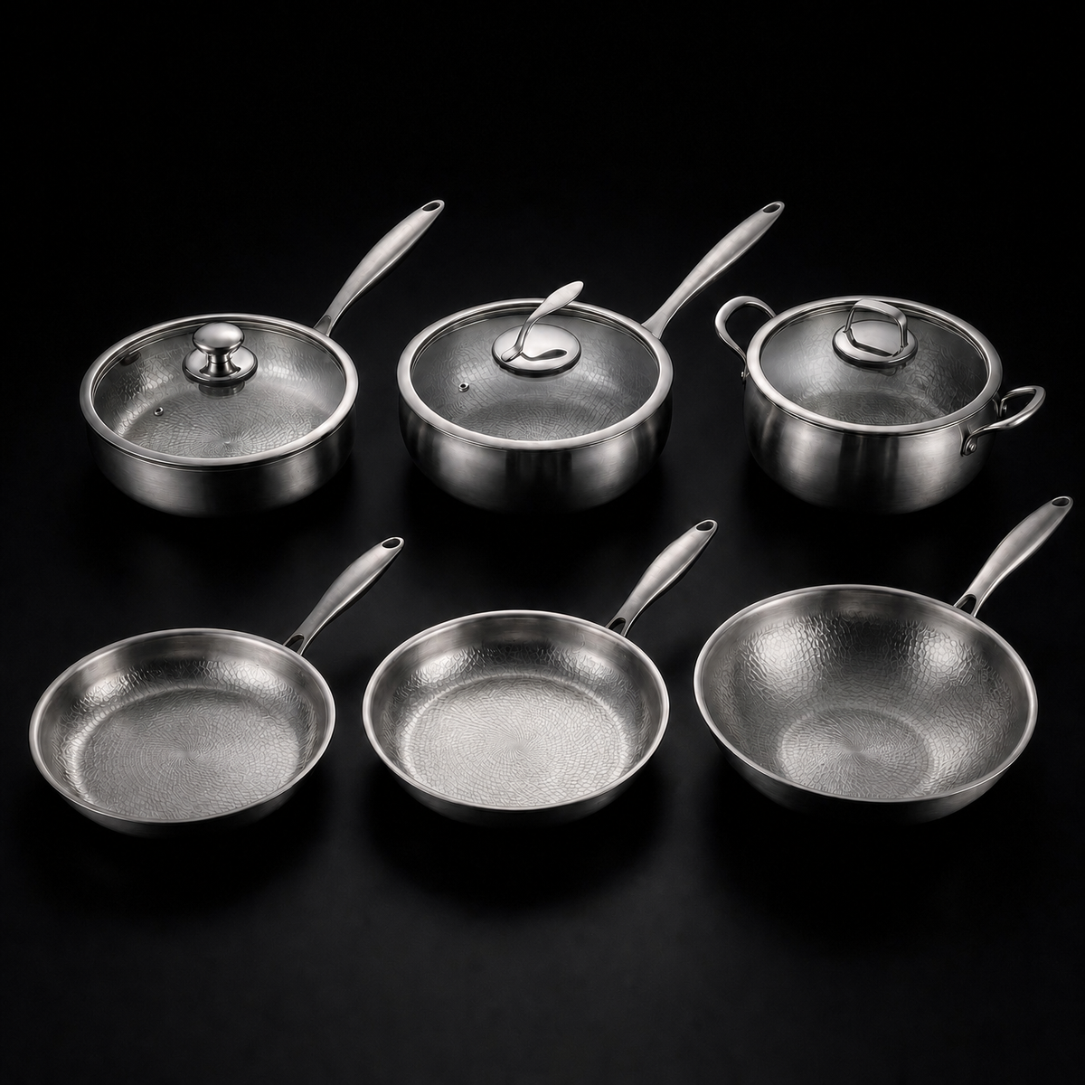 Hand-Hammered Titanium Kitchen Set with 3 Lids (10, 11 & 12 Inch) 1