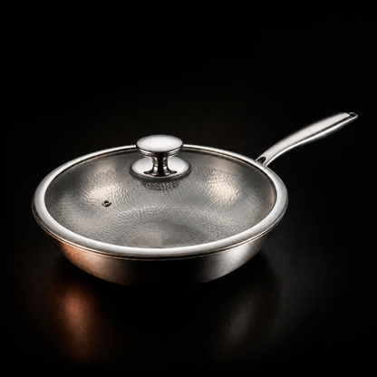 Wok covered with its glass lid on a black background, hammered interior visible through the glass and a polished knob on top. 4