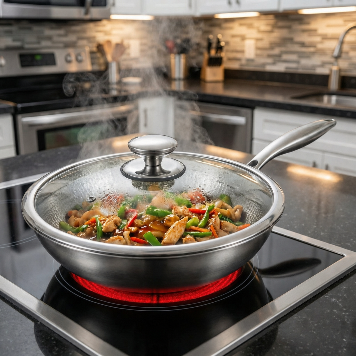 Glass-lidded wok full of chicken and vegetables in sauce, sitting on a glowing red electric hob in a kitchen. 7