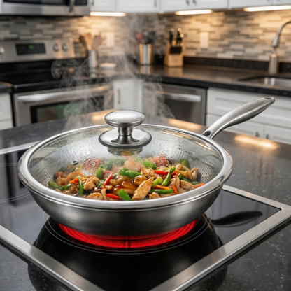 Glass-lidded wok full of chicken and vegetables in sauce, sitting on a glowing red electric hob in a kitchen. 7