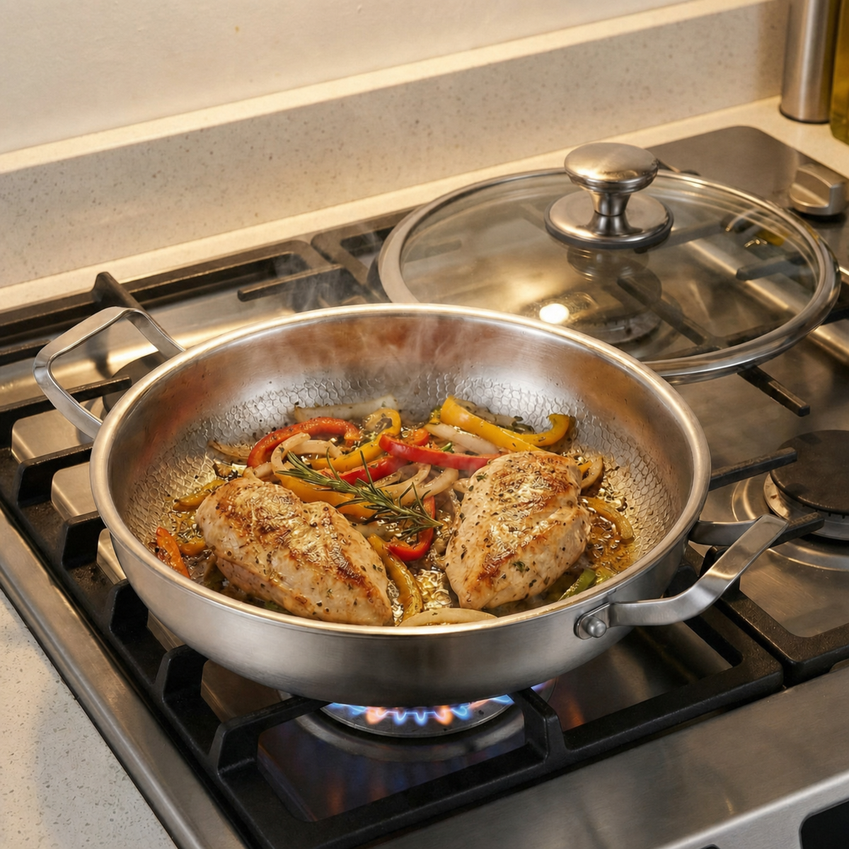 Two seared chicken breasts with sliced peppers and rosemary cooking in the pan on a gas hob, glass lid resting beside. 5