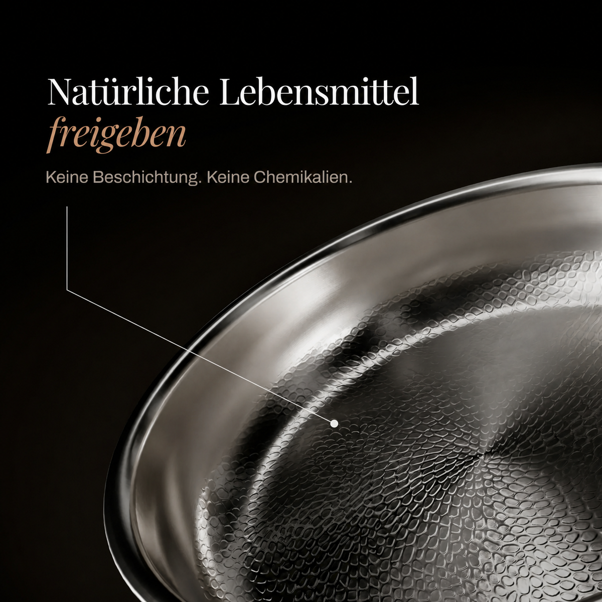 Close-up of the hammered interior surface and rim of the pan, with a callout line pointing to the uncoated cooking surface. 3