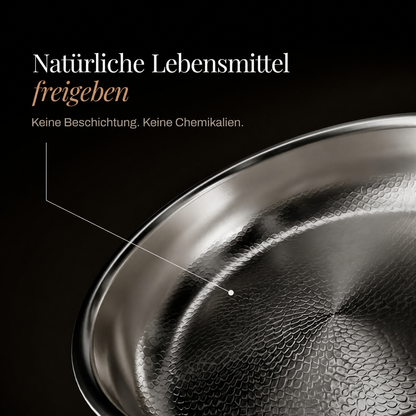 Close-up of the hammered interior surface and rim of the pan, with a callout line pointing to the uncoated cooking surface. 3