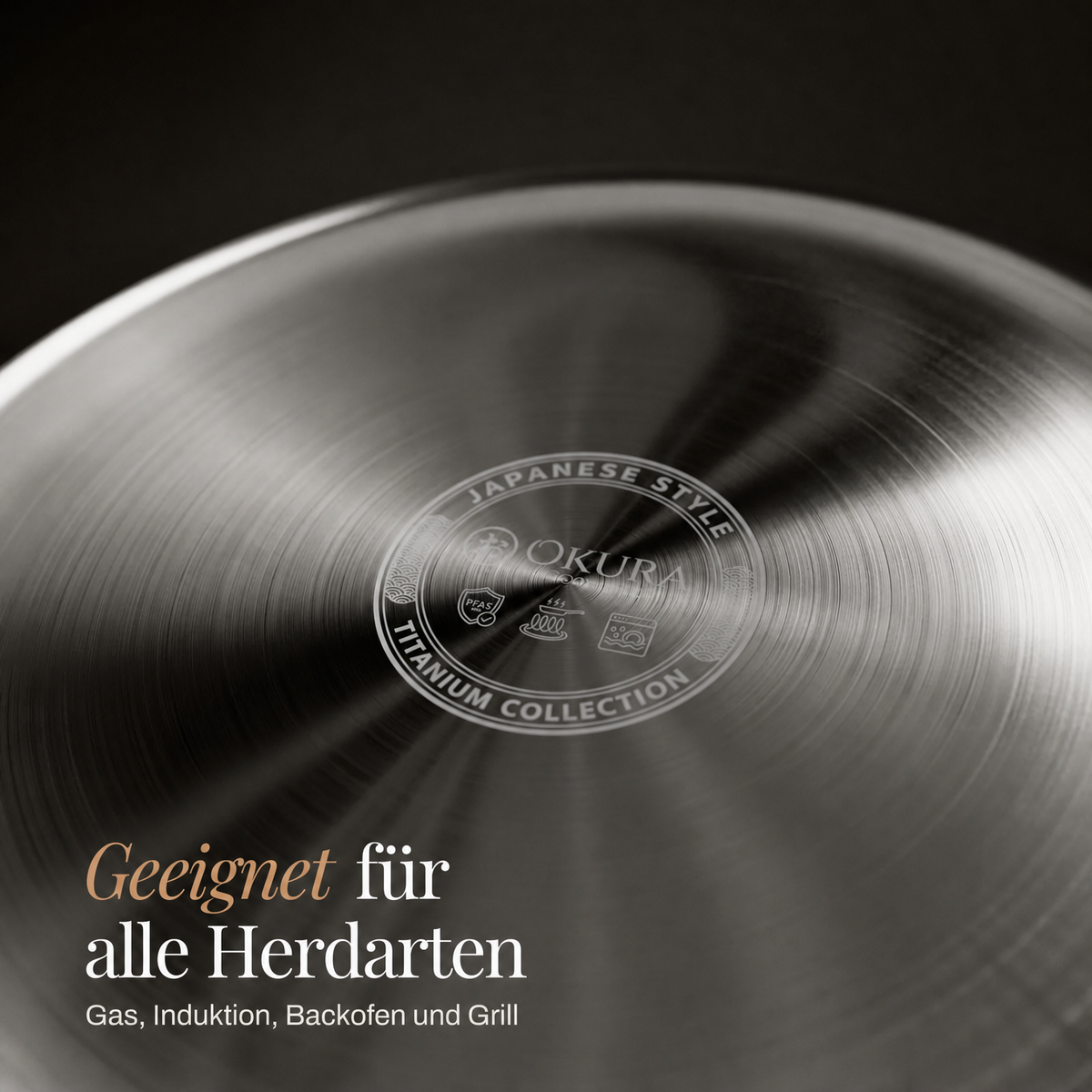 Underside of the pan with a brushed circular finish and a small engraved emblem, shown for use on all hob types. 5