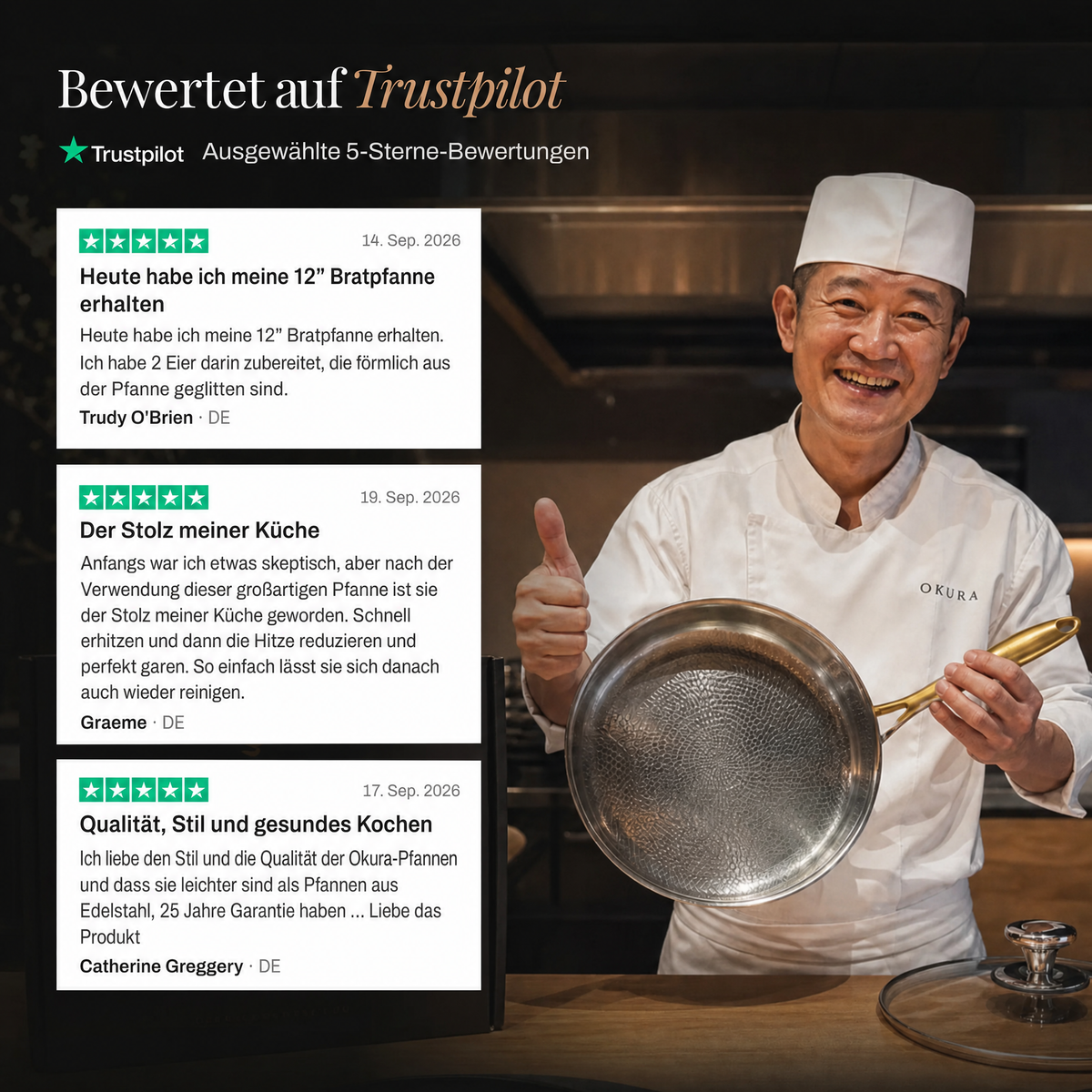 Smiling chef in whites giving a thumbs up while holding the pan, with three five-star customer reviews alongside. 7