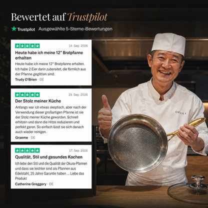 Smiling chef in whites giving a thumbs up while holding the pan, with three five-star customer reviews alongside. 7