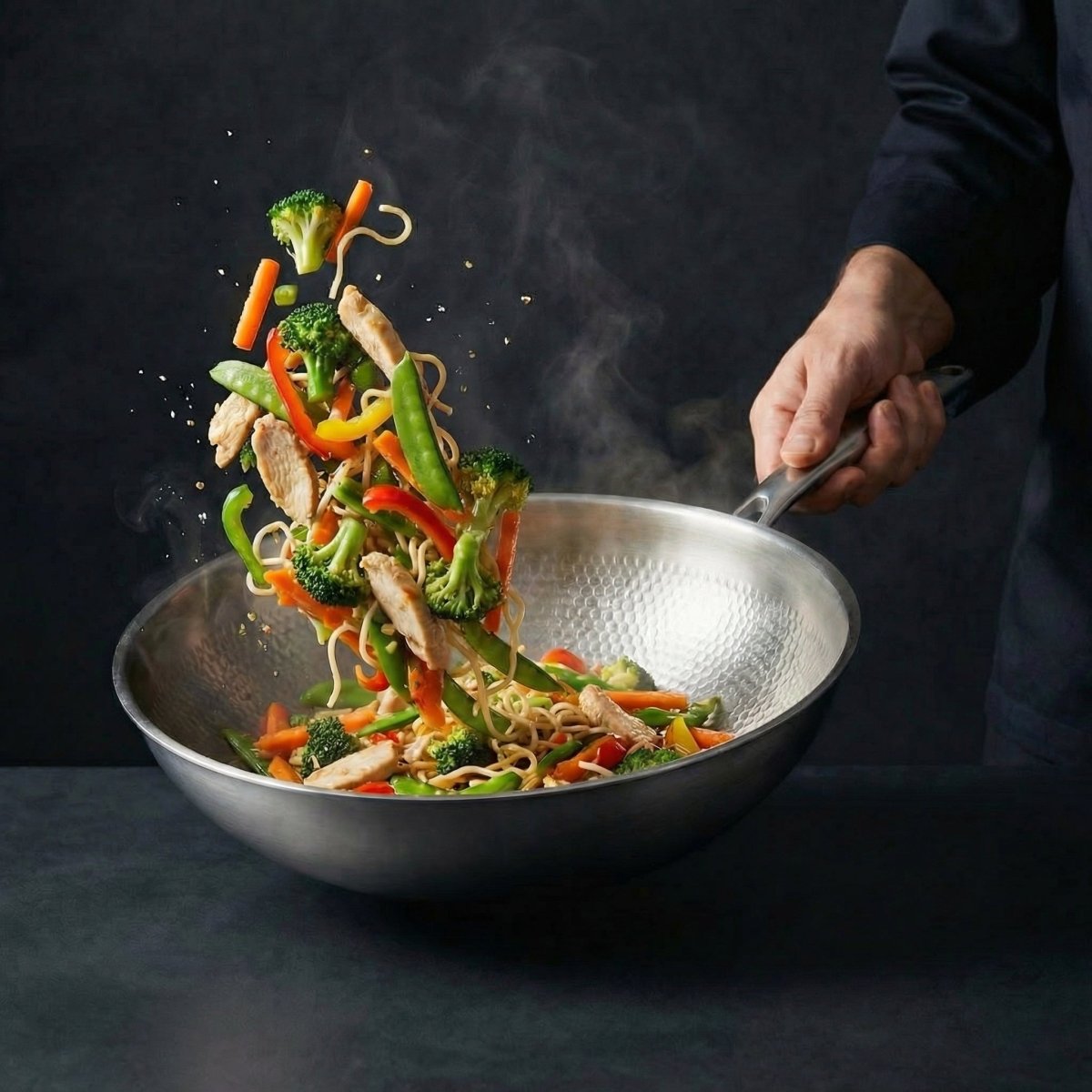 Cook flipping noodles, chicken and colourful vegetables in the wok, with ingredients flying through the air above it. 9
