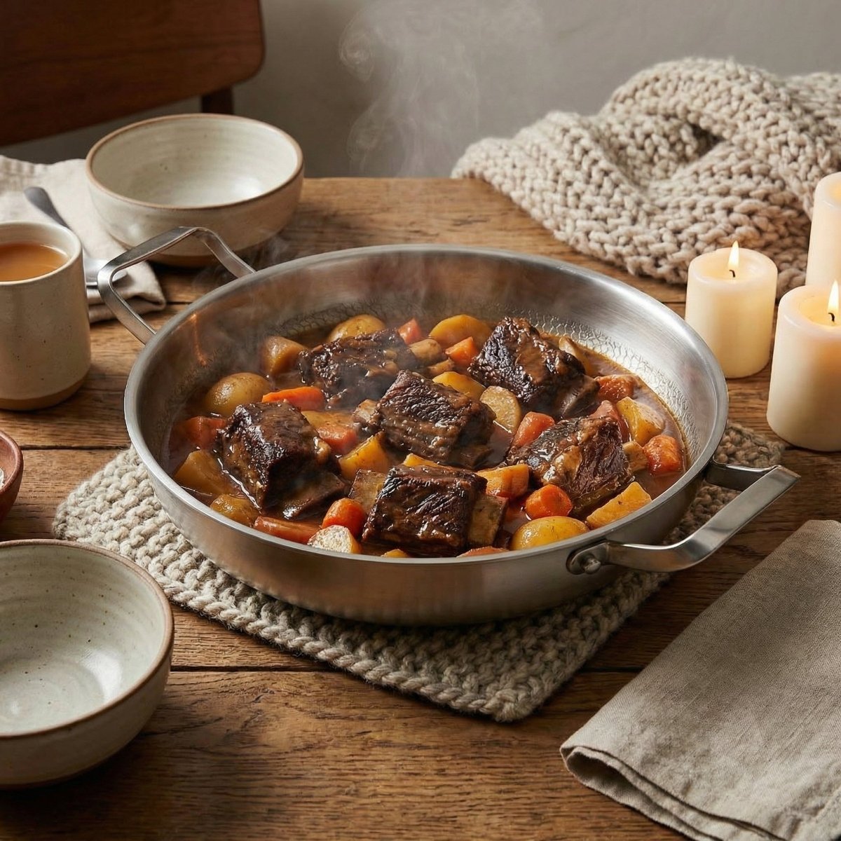 Pan of braised beef short ribs with carrots and potatoes on a knitted trivet, set on a wooden table with candles. 8