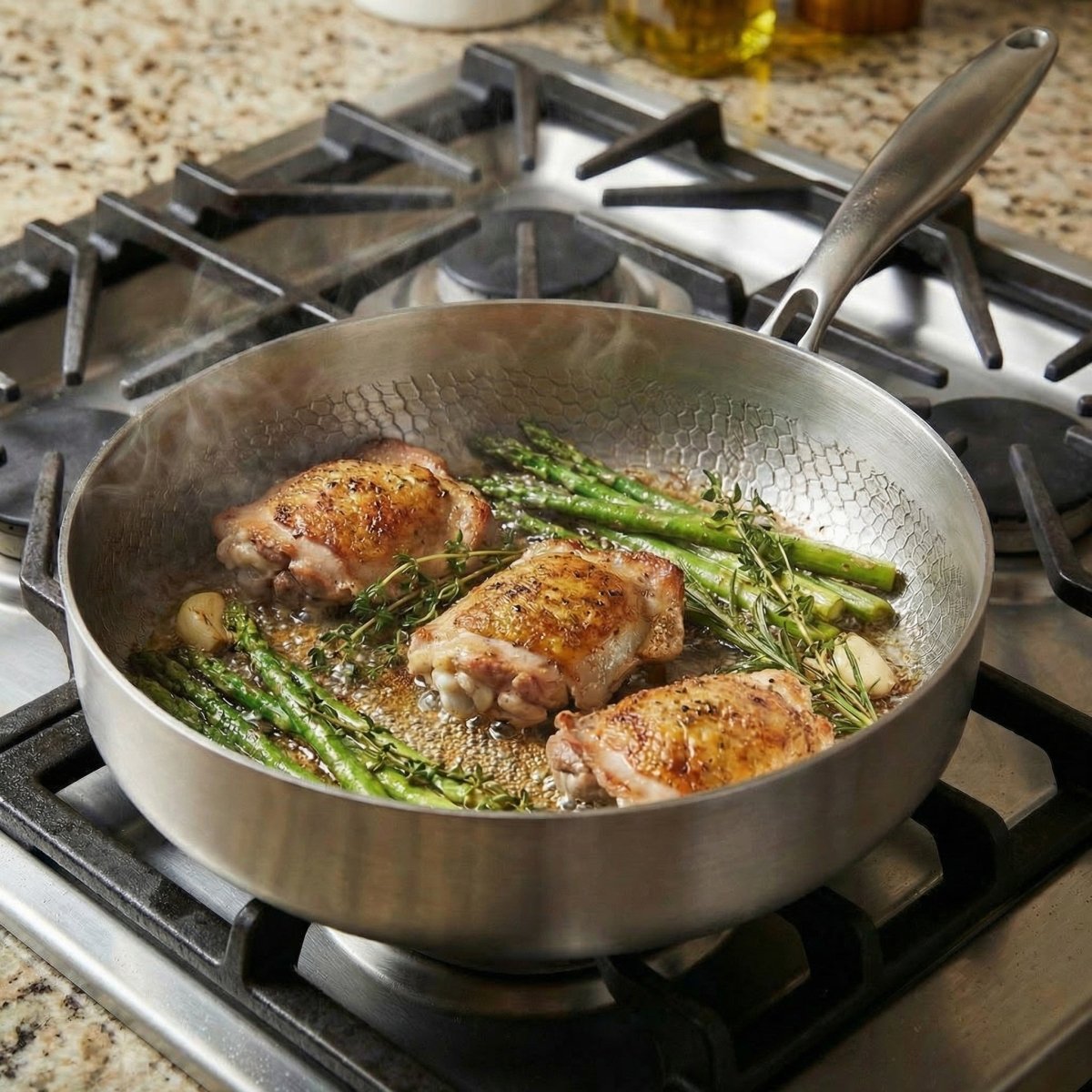 Pan on a gas hob searing chicken thighs with asparagus, thyme and garlic 4