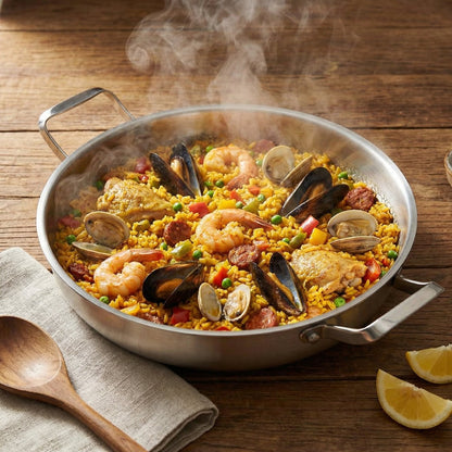 Steaming paella with prawns, mussels, clams, chicken and chorizo in the pan on a wooden table beside lemon wedges. 7