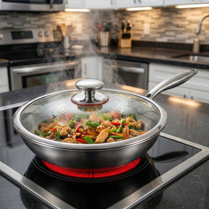Lidded wok on a glowing red electric hob in a kitchen, with a chicken and green pepper stir-fry cooking inside. 6