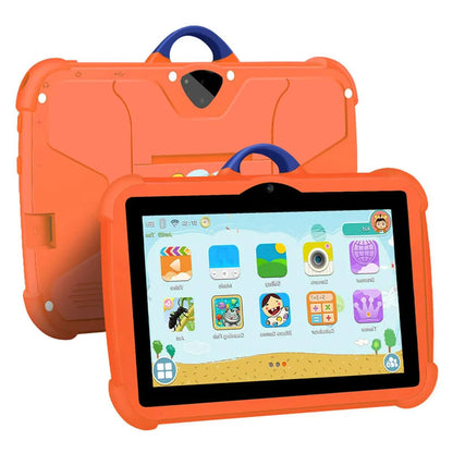 Orange tablet seen from the back and front, with the blue carry handle and app screen 10
