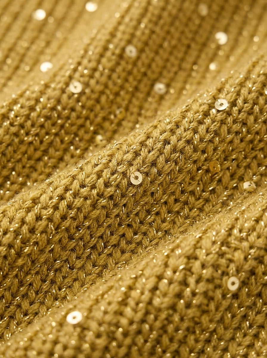 Close-up of the gold knit fabric, showing chunky ribbed texture with metallic thread and scattered small sequins. 13