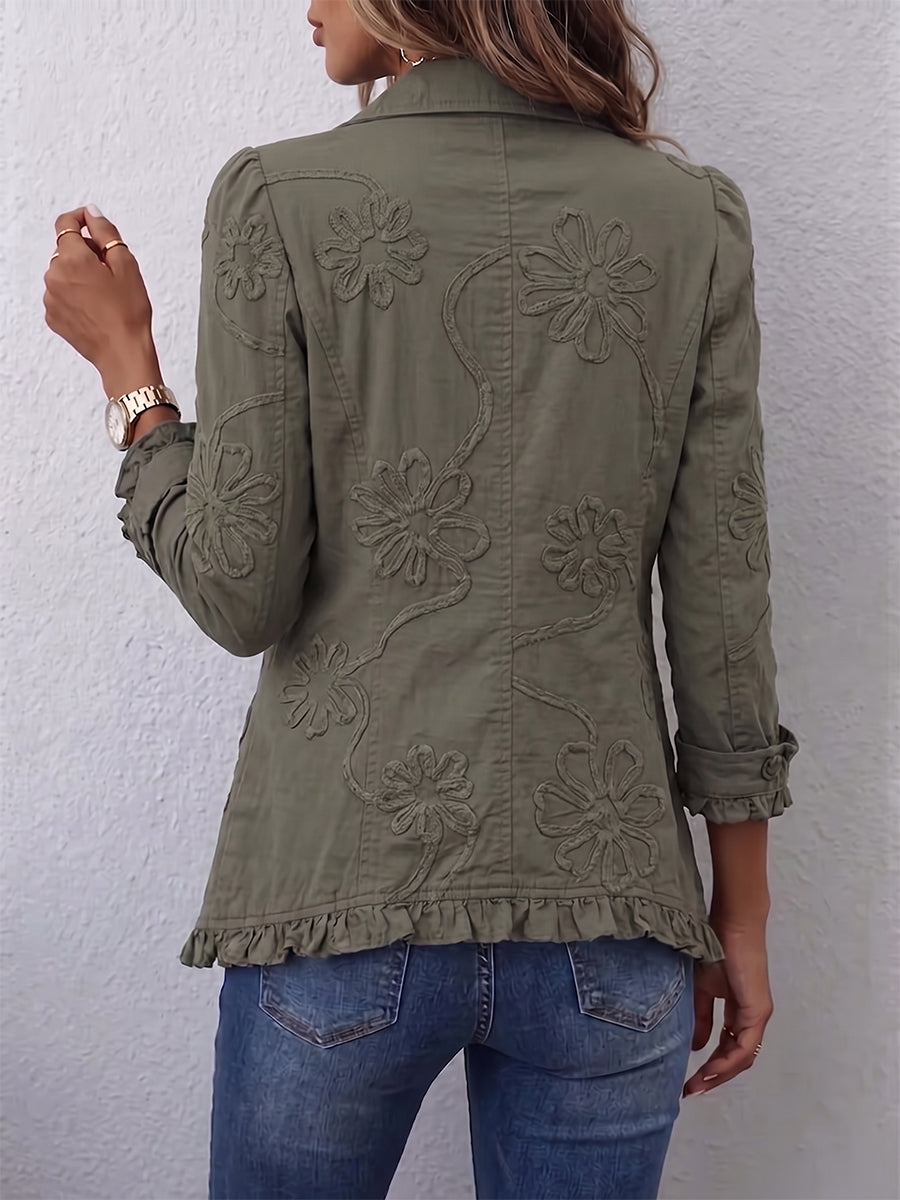 Boho-Chic Floral Utility Jacket with Ruffled Trim 2