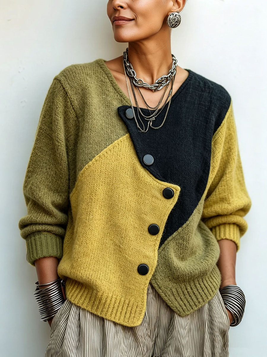 Close front view of the olive, mustard and black knit sweater with diagonal button placket, worn with chunky silver necklaces and bangles. 1