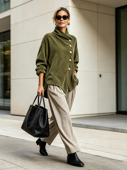 Full-length view of the model walking outdoors in the green corduroy jumper with wide beige trousers, black ankle boots and a large black tote. 3