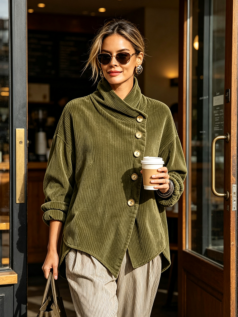 Model in sunglasses wearing the green corduroy jumper with striped trousers, holding a takeaway coffee at a doorway 2
