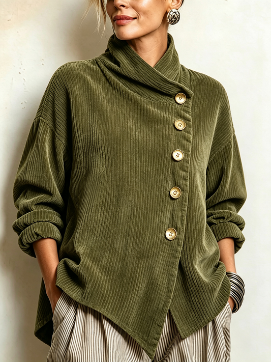 Close-up front view of the olive green ribbed corduroy sweater with its asymmetric row of gold-toned buttons and draped high collar. 1