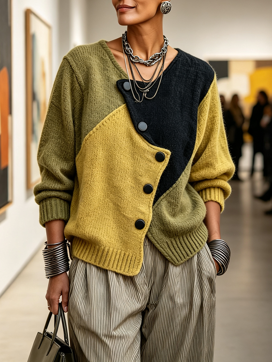 Model wearing the colour block sweater with striped trousers and a bag in a gallery setting, showing the relaxed fit. 3