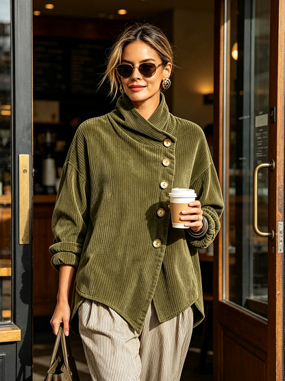 Model in the olive green corduroy sweater and striped trousers, leaving a café holding a takeaway coffee and a handbag. 3