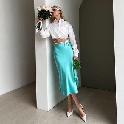 Satin shimmering women's midi skirt in A-line with high waist – Liora
