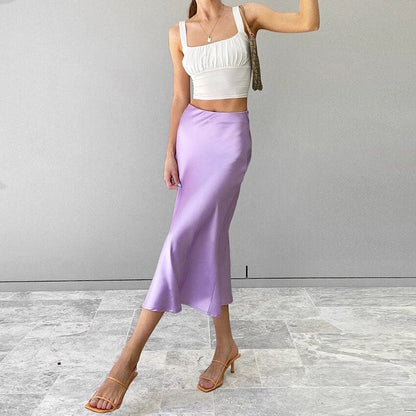 Satin shimmering women's midi skirt in A-line with high waist – Liora