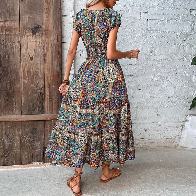 Airy women's maxi dress with ethnic print & V-neck – Nayeli