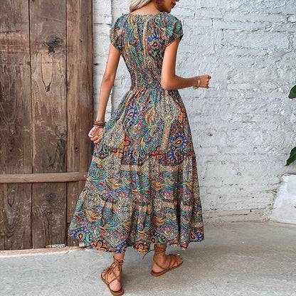 Airy women's maxi dress with ethnic print & V-neck – Nayeli