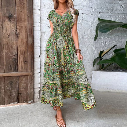 Airy women's maxi dress with ethnic print & V-neck – Nayeli