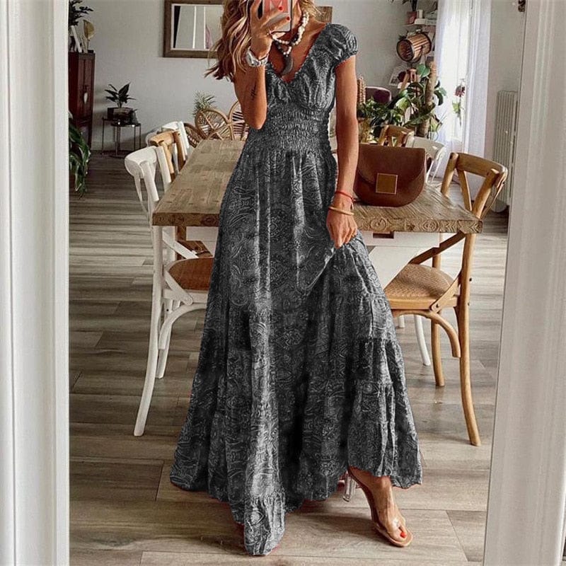 Airy women's maxi dress with ethnic print & V-neck – Nayeli