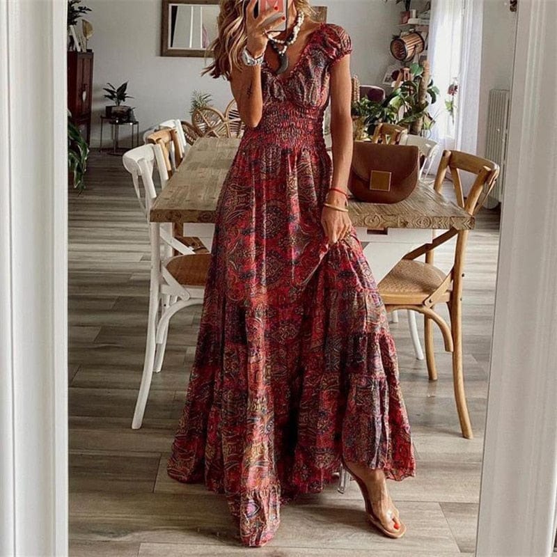 Airy women's maxi dress with ethnic print & V-neck – Nayeli