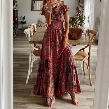 Airy women's maxi dress with ethnic print & V-neck – Nayeli