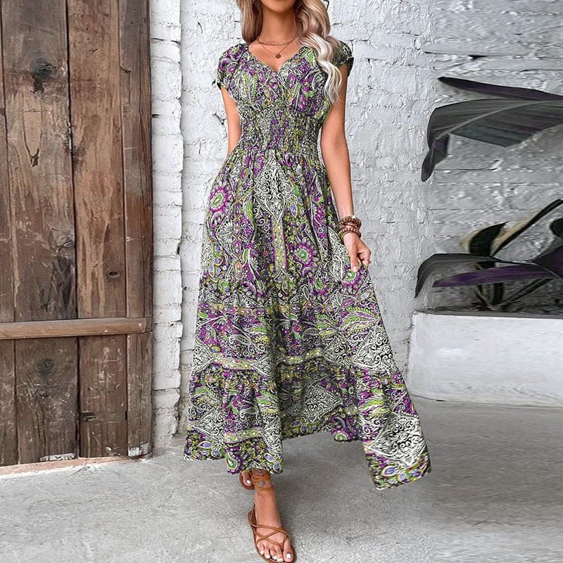 Airy women's maxi dress with ethnic print & V-neck – Nayeli