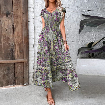 Airy women's maxi dress with ethnic print & V-neck – Nayeli
