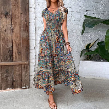 Airy women's maxi dress with ethnic print & V-neck – Nayeli