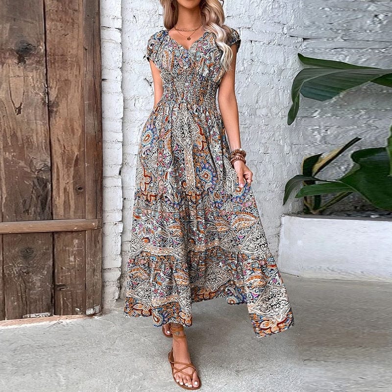 Airy women's maxi dress with ethnic print & V-neck – Nayeli