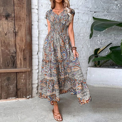 Airy women's maxi dress with ethnic print & V-neck – Nayeli