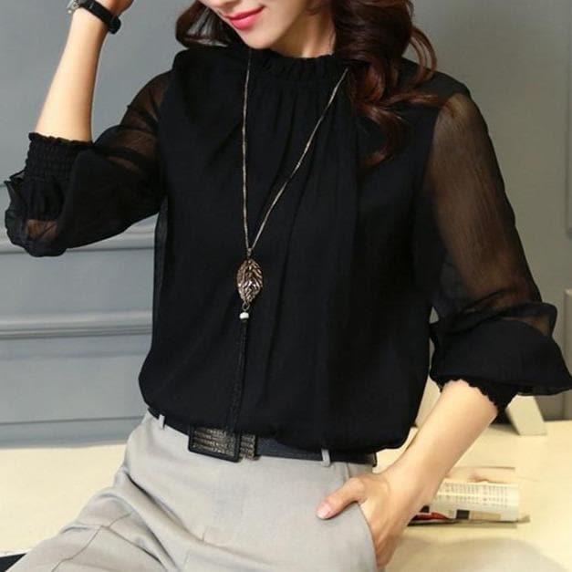 Stylish women's chiffon blouse with ruffles & sheer sleeves – Herbstzauber Elina