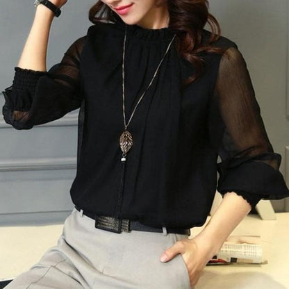 Stylish women's chiffon blouse with ruffles & sheer sleeves – Herbstzauber Elina