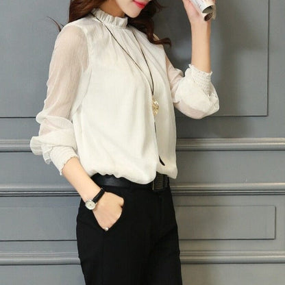 Stylish women's chiffon blouse with ruffles & sheer sleeves – Herbstzauber Elina