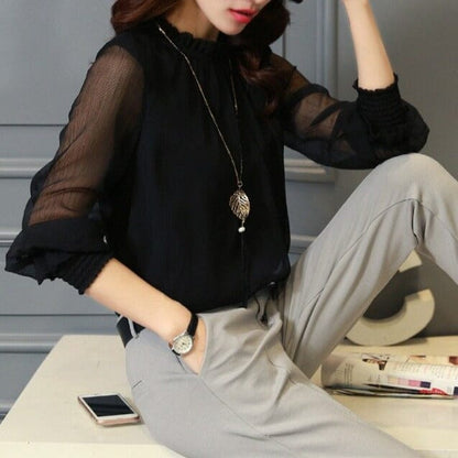 Stylish women's chiffon blouse with ruffles & sheer sleeves – Herbstzauber Elina