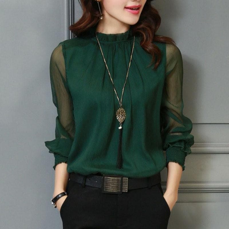 Stylish women's chiffon blouse with ruffles & sheer sleeves – Herbstzauber Elina