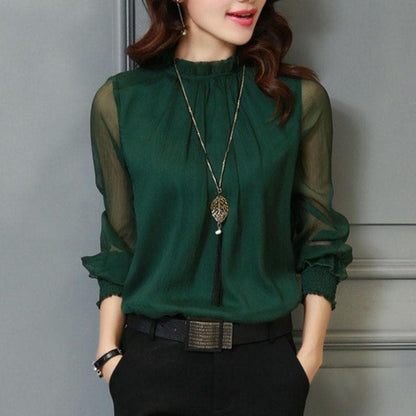 Stylish women's chiffon blouse with ruffles & sheer sleeves – Herbstzauber Elina