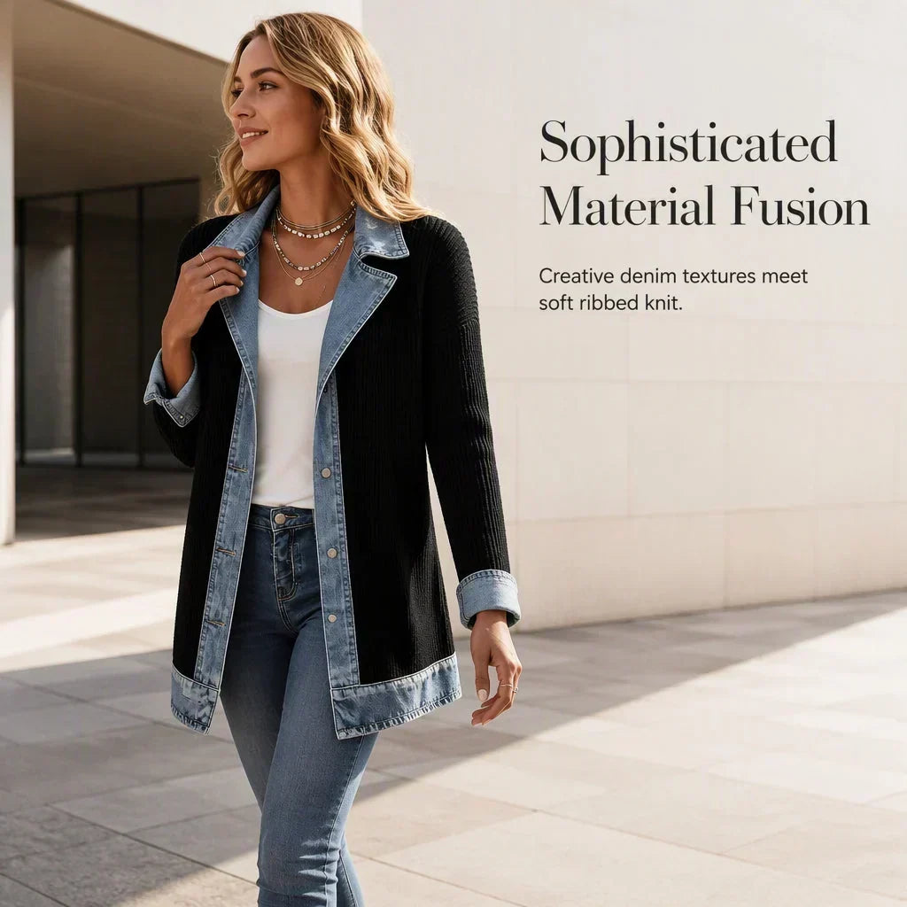 Model in the black knit coat with denim lapels, cuffs and hem, walking past a pale building 6
